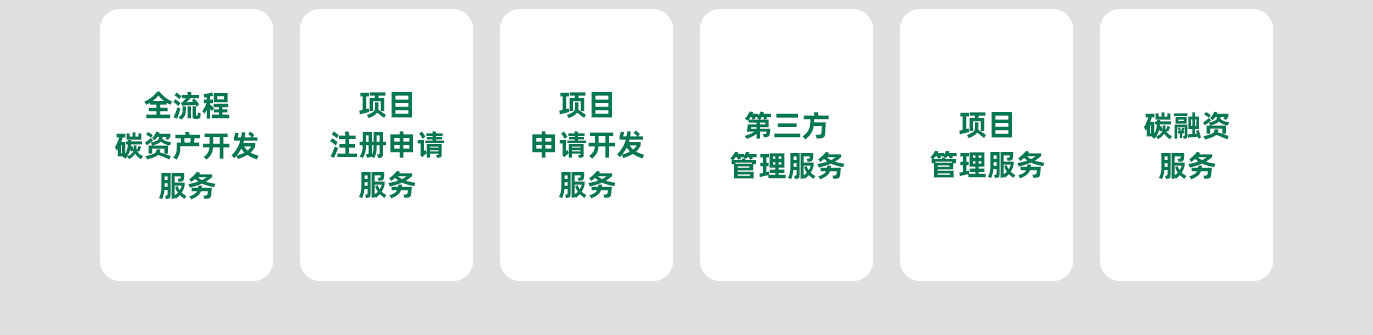 全流程碳資產開發服務，項目注冊申請服務，項目申請開發服務，第三方管理服務，項目管理服務，碳融資服務