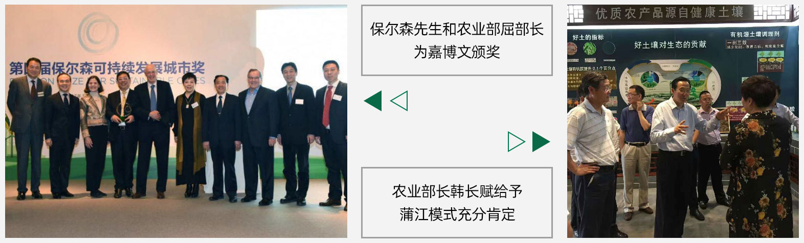 第四屆“保爾森可持續(xù)發(fā)展城市獎(jiǎng)”：與成都市、蒲江縣合作開展“我們大部分的糧食、水和其他資源都來自農(nóng)村。如果農(nóng)村地區(qū)不能做到可持續(xù)發(fā)展，城市的發(fā)展也就難以為繼。今年的獲獎(jiǎng)項(xiàng)目準(zhǔn)確地展示了這種城鄉(xiāng)關(guān)聯(lián)的重要性，提供了可以在中國境內(nèi)推廣的可行商業(yè)模式”。